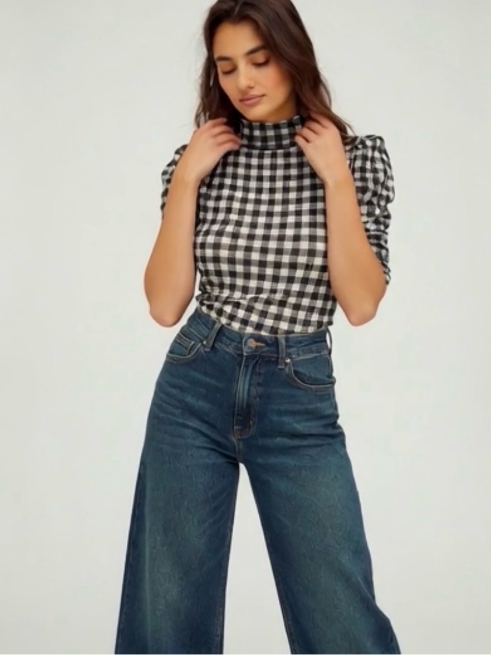 Free People Gather Black & White Gingham Turtleneck - Picture 7 of 17